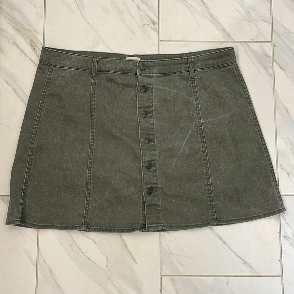 Button front denim mini skirt, army green, size 18